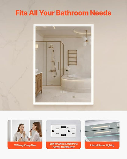 VEVOR Lighted Medicine Cabinet with Mirror, 24 x 32 in Recessed or Wall Mount, 3 Color Dimmable LED Bathroom Medicine Cabinet with Magnifying Mirror, Adjustable Shelve Storage, Memory Defog Function