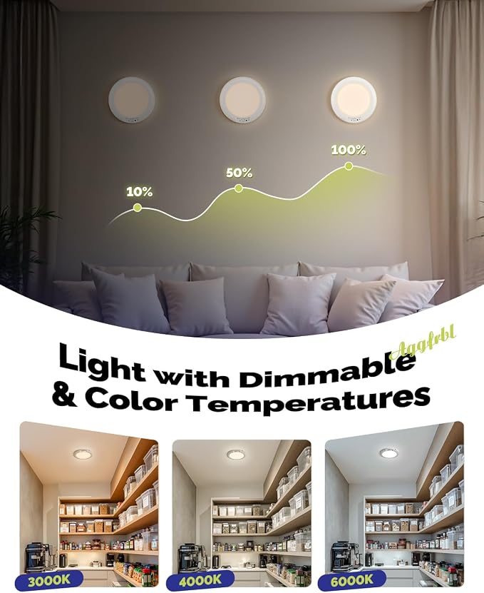 10000mAh Battery Operated Wireless Shower Light Waterproof 2 Pack | Rechargeable Motion Sensor Ceiling Light with Remote 3000K/4000K/6000K Dimmable Battery Powered LED Light for Closet Bathroom