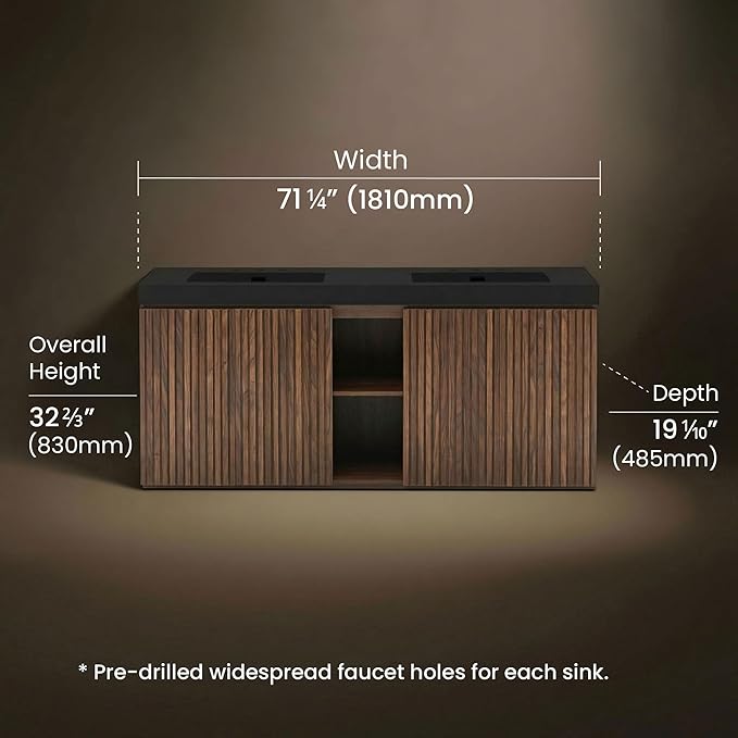72" Bathroom Vanity with Sink Combo, Mid Century Modern Bathroom Cabinet with 4 Doors & Open Shelf, Matte Black Integrated Sink with Overflow, Brown Walnut