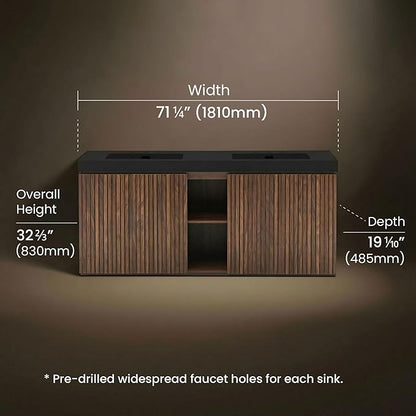 72" Bathroom Vanity with Sink Combo, Mid Century Modern Bathroom Cabinet with 4 Doors & Open Shelf, Matte Black Integrated Sink with Overflow, Brown Walnut