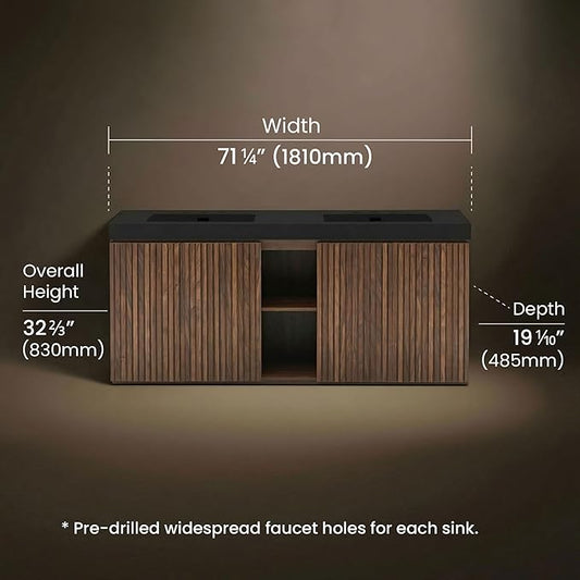 72" Bathroom Vanity with Sink Combo, Mid Century Modern Bathroom Cabinet with 4 Doors & Open Shelf, Matte Black Integrated Sink with Overflow, Brown Walnut