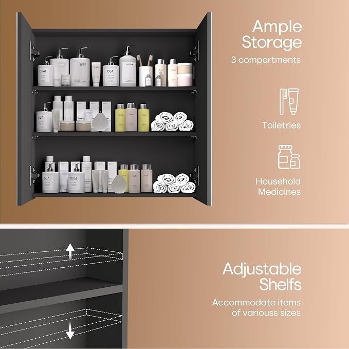 24x24 inch Bathroom Wall Cabinet, Saver Storage Cabinet, Medicine Cabinet with 2 Door and Adjustable Shelves, Black（Assembly Required）