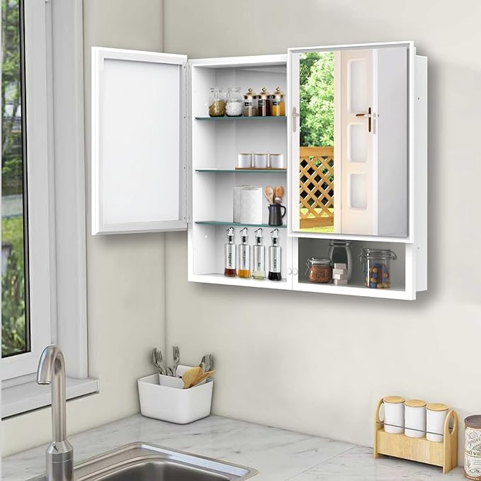 32x26 Inch Medicine Cabinet with Mirror, Bathroom Mirror Cabinet with Double Doors, Extra Storage Space, Bevel Mirror Wall Cabinet, Recessed or Surface Mount