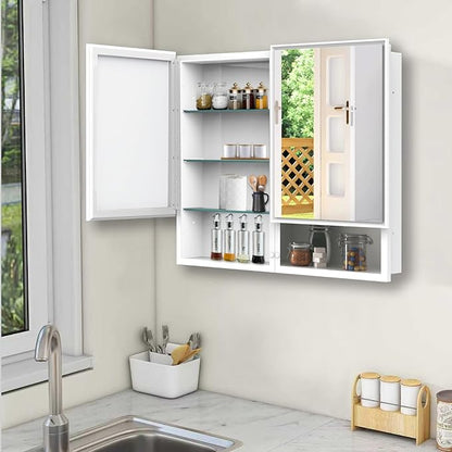 32x26 Inch Medicine Cabinet with Mirror, Bathroom Mirror Cabinet with Double Doors, Extra Storage Space, Bevel Mirror Wall Cabinet, Recessed or Surface Mount