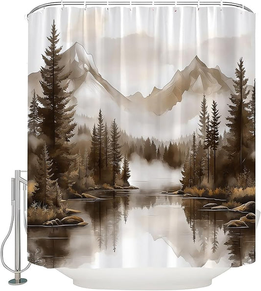 Brown Misty Forest Shower Curtain Mountain Foggy Pine Trees Landscape Watercolor Jungle Plant Rustic Nature Scenery Lake Fabric Bathroom Curtain Set with Hook