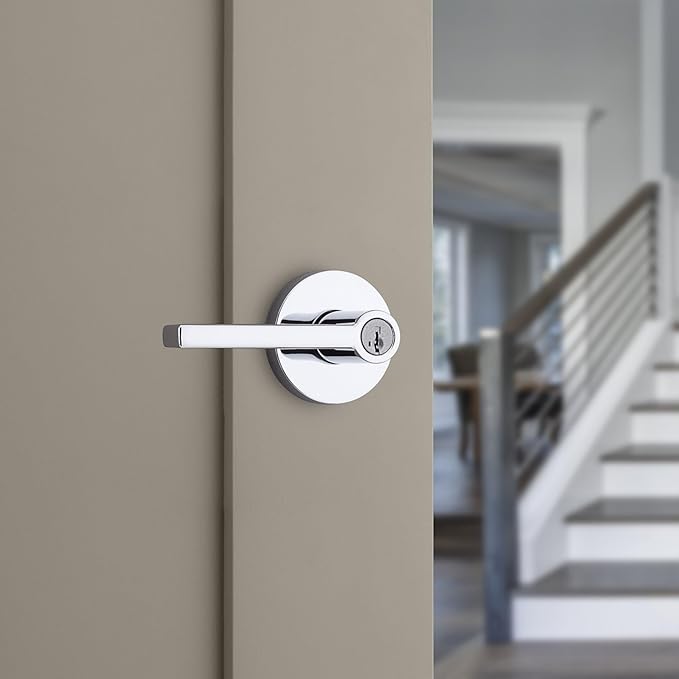 Kwikset Halifax Entry Door Handle with Lock and Key, Secure Keyed Reversible Lever Exterior, for Front Entrance and Bedrooms, Polished Chrome, 4 Pack, Pick Resistant SmartKey Rekey Security