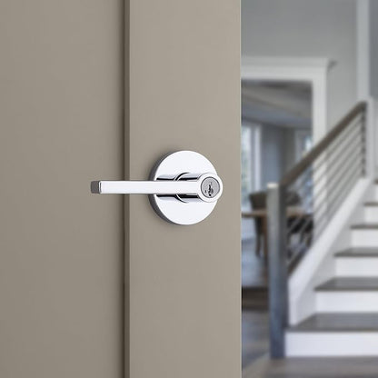 Kwikset Halifax Entry Door Handle with Lock and Key, Secure Keyed Reversible Lever Exterior, for Front Entrance and Bedrooms, Polished Chrome, 4 Pack, Pick Resistant SmartKey Rekey Security