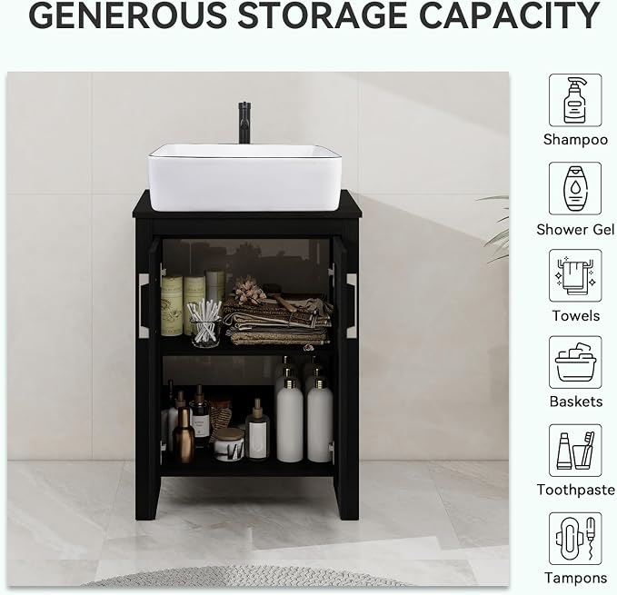 YOURLITE Bathroom Vanity with Sink,24" Black Bathroom Vanity Cabinet with White Ceramic Sink Faucet & Pop Up Drain Set