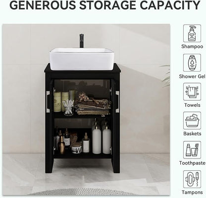 YOURLITE Bathroom Vanity with Sink,24" Black Bathroom Vanity Cabinet with White Ceramic Sink Faucet & Pop Up Drain Set