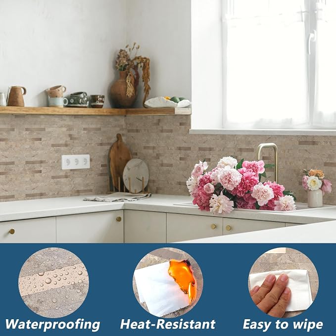 Yipscazo 10 Sheets Peel and Stick Stone Metal Tile Backsplash, Stick on Tiles for Backsplash Kitchen, Bathroom, Laundry Room, Camper, Fireplace (12'' X 12'', Beige Stone with Gold Metal)