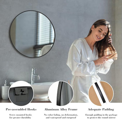 Sweetcrispy 24 Inch Round Wall Mirror, Bathroom Mirror for Over Sink | Tempered Glass, Anti-Fog & Waterproof Round Mirrors for Bathroom, Entryway, Bedroom, Shatterproof Design, Black