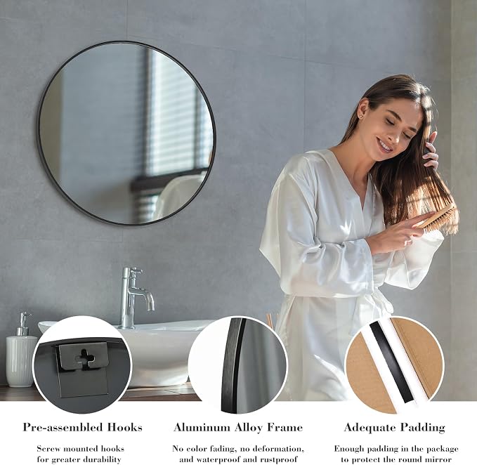 NEWBULIG 24 Inch Round Bathroom Mirror, Wall Mount Vanity Mirror | Circle Mirror for Over Sink, Matte Metal Frame, Entryway Decor, Bedroom Decor, Black