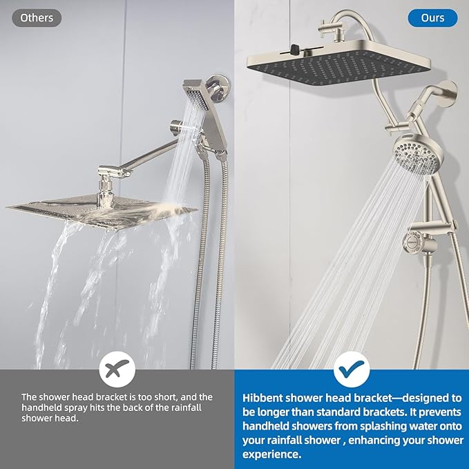 Hibbent cUPC Certified High Pressue 13'' Rainfall Shower Head with 5-Spray | Shower Heads with Handheld 10-Spray Combo, All Metal Easy Reach 4-way Diverter Arm, 71'' Hose & Holder, Brushed Nickel