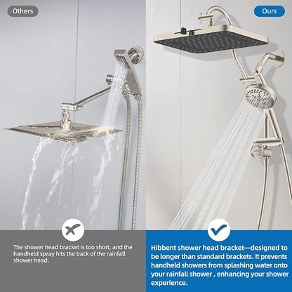 Hibbent cUPC Certified High Pressue 13'' Rainfall Shower Head with 5-Spray | Shower Heads with Handheld 10-Spray Combo, All Metal Easy Reach 4-way Diverter Arm, 71'' Hose & Holder, Brushed Nickel