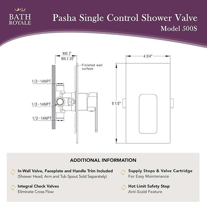 Bath Royale Pasha Pressure Balancing Shower Valve - All Metal, Anti-Scald, Brushed Nickel