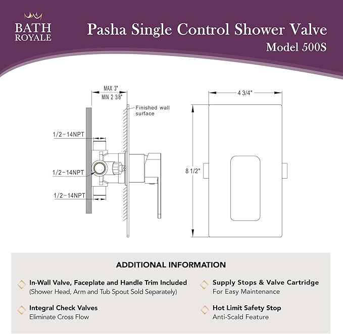 Bath Royale Pasha Pressure Balancing Shower Valve - All Metal, Anti-Scald, Brushed Gold
