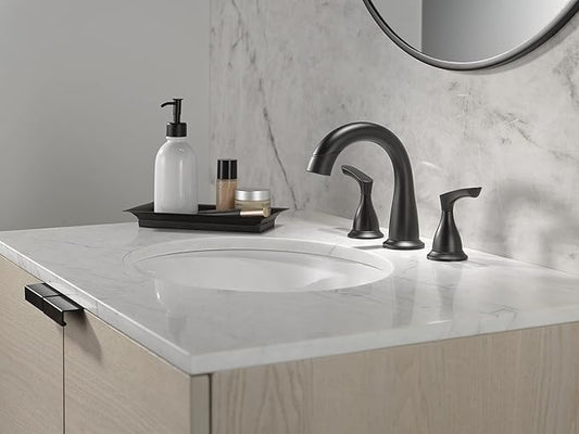 Delta Broadmoor Matte Black Bathroom Faucet with Sprayer, 8 Inch 3 Hole Widespread Bathroom Sink Faucet with Pull Out Sprayer, Push-Pop Drain, Matte Black 35765LF-BLPD