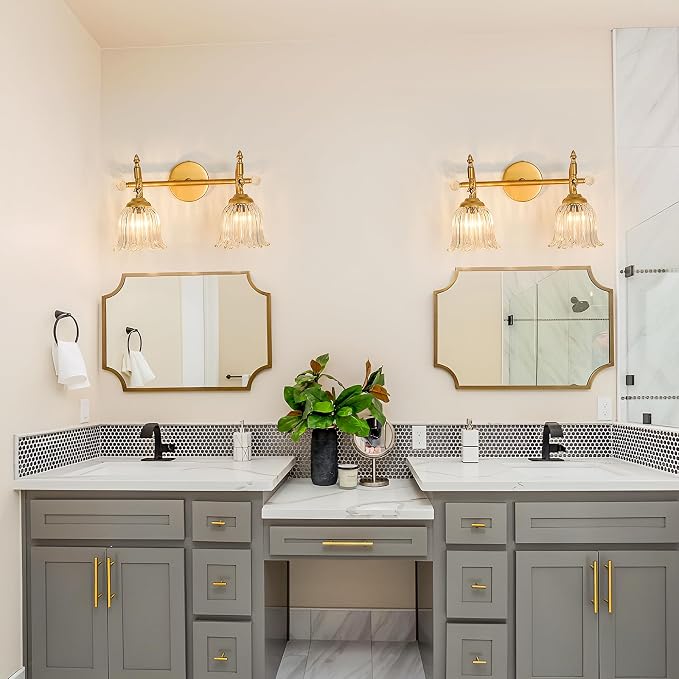 CVKASH 2-Light Bathroom Vanity Light Fixtures Over Mirror,Brushed Gold Modern Vanity Light with Glass Shade Vintage Wall Sconce for Bedroom Dressing Room Living Room Hallway Cabinet