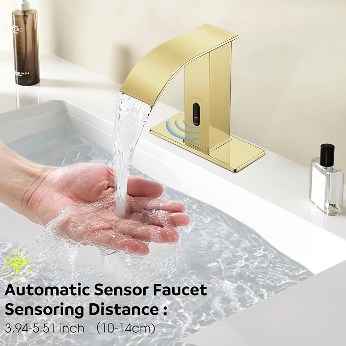 Touchless Bathroom Faucet with Waterfall Spout,Motion Automatic Sensor Bathroom Sink Faucet with Hole Cover Plate, Stainless Steel Hands Free Vanity Faucet(Regular, Gold)