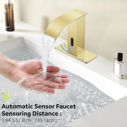 Touchless Bathroom Faucet with Waterfall Spout,Motion Automatic Sensor Bathroom Sink Faucet with Hole Cover Plate, Stainless Steel Hands Free Vanity Faucet(Regular, Gold)