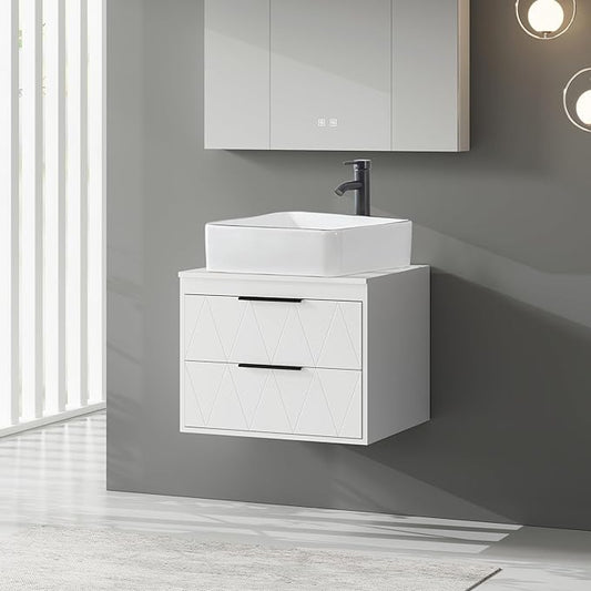 eclife 24" Floating Bathroom Vanities with Sink Combo, Wall Mounted Modern Cabinet W/Diamond Line Pattern Design, White Black Ceramic Vessel Sink W/Water Save Faucet & Pop Up Drain, White