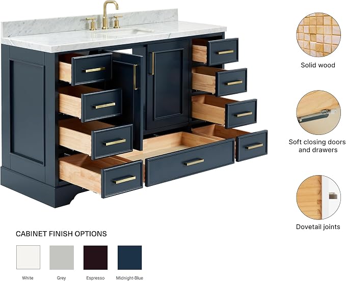 DKB Langford 54-inch Midnight Blue Bathroom Vanity with Center Rectangle Single Sink, Italian Carrara Marble Countertop & Backsplash, Solid Wood Frame, Soft-Closing & Dovetail Drawers