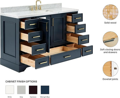 DKB Langford 54-inch Midnight Blue Bathroom Vanity with Center Rectangle Single Sink, Italian Carrara Marble Countertop & Backsplash, Solid Wood Frame, Soft-Closing & Dovetail Drawers