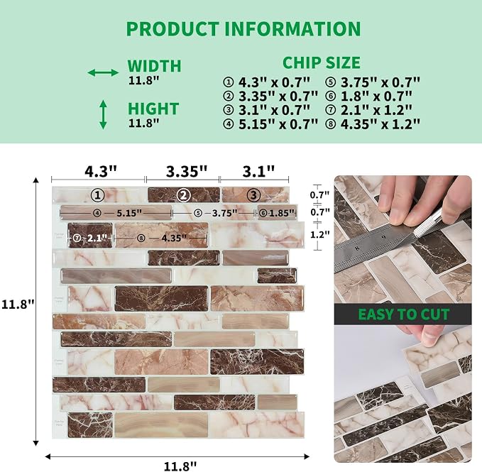LONGKING 10-Sheet Peel and Stick Tile Backsplash, Vinyl Self-Adhesive Tile Stickers for Kitchen, Bathroom | Peel and stick backsplash, vinyl PVC, marble, waterproof, kitchen bathroom wall, 10-sheet, set A