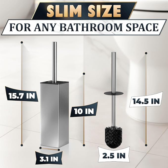 Silver Toilet Brush and Holder Set, Stainless Steel (Square) | Toilet Brush with Holder Set for Bathroom, Splash Protection & Dense Bristles for Bathroom Cleaning, Removable Inner Bowl