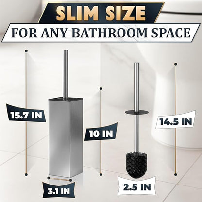 Silver Toilet Brush and Holder Set, Stainless Steel (Square) | Toilet Brush with Holder Set for Bathroom, Splash Protection & Dense Bristles for Bathroom Cleaning, Removable Inner Bowl