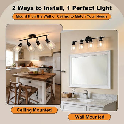 HiBay 4-Light Black Track Lighting Fixture Rotatable Ceiling Wall Spotlight | Adjustable 4 Heads with Glass Shades, Modern Farmhouse Industrial, for Kitchen, Dining Room, Bathroom, E26 Base