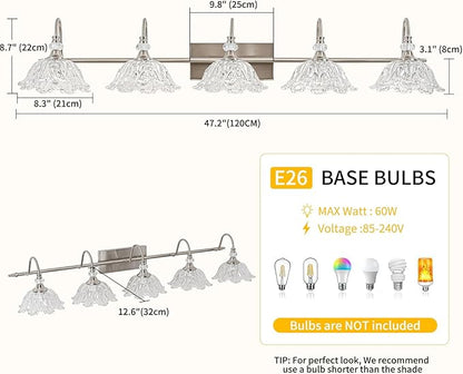 Brushed Nickel 5-Light Bathroom Vanity Light with Floral Clear Glass Shades, Brushed Nickel Wall Mount Lighting for Bathroom, Dressing Table