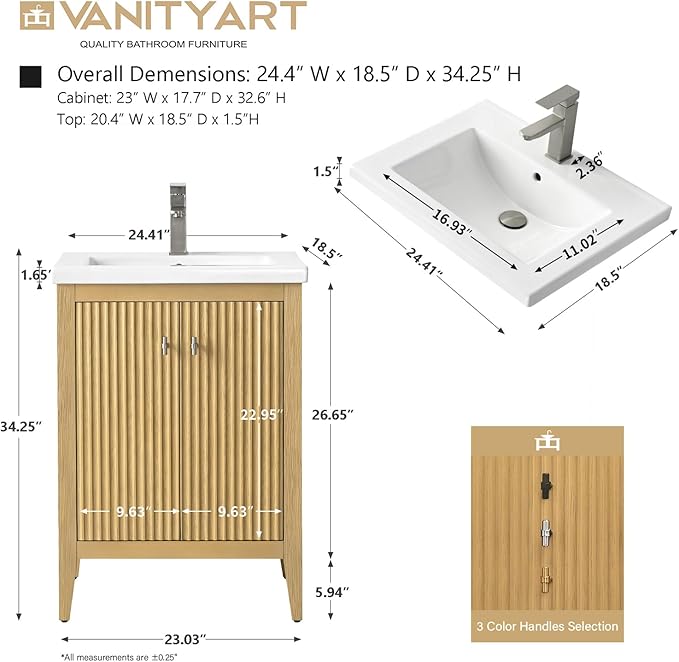 Vanity Art 24 inch Oak Bathroom Vanity with Single Sink & Ceramic Top, Vanity Cabinet with Soft-Closing Door, Solid Wood Frame, Linear Pattern, Natural Oak, VA9124-NO-MB,Matte Black Handles