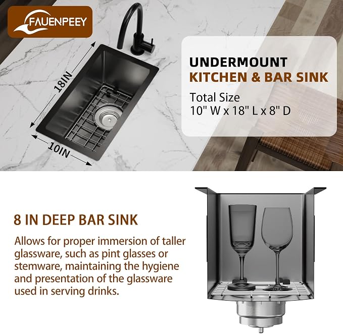 Black 10x18In Stainless Steel Kitchen And Bar Sink, Undermount, Single Bowl | Small Kitchen And Bar Sink Set, Include SS Grid,Silicone Mat And Drain Assembly, Ideal Choice For Small Space