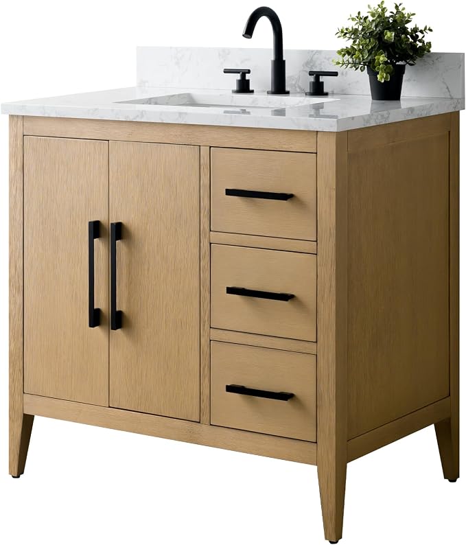 36 Inch Bathroom Vanity with Sink & Ceramic Top, Single Vanity Cabinet with Basin, Soft-Closing Doors & Matte Black Hardware, Natural Oak