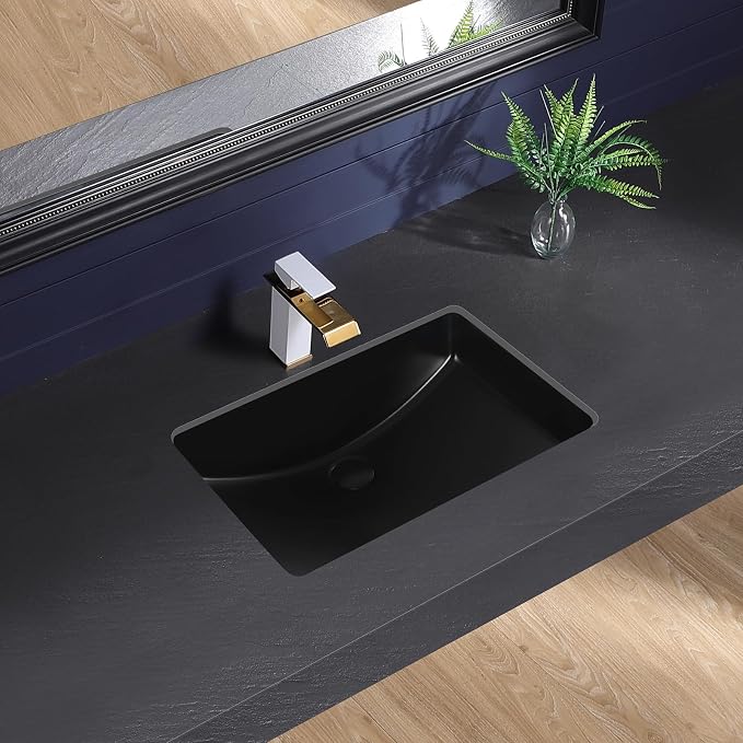 Black Undermount Bathroom Sink 23.8x16.3 Inch Bathroom Sink Matte Black Bathroom Under Counter Lavatory Vanity Sink Basin Rectangular Porcelain Ceramic Undermount Sinks with Overflow