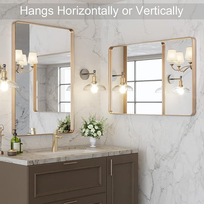 LOAAO 20"X30" Gold Bathroom Mirror | Rounded Rectangle, Brushed Gold Frame, Wall-Mounted, Anti-Rust, Hangs Horizontally or Vertically
