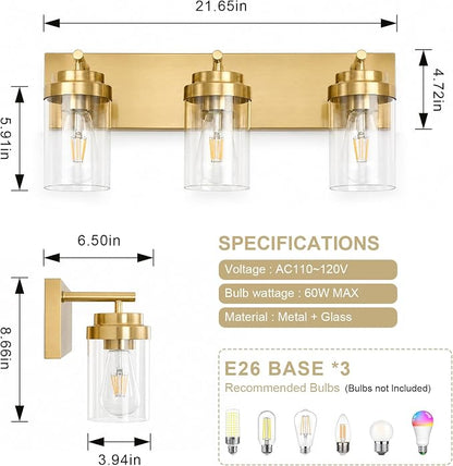 3-Light Bathroom Light Fixtures, Brushed Gold Vanity Lights | Modern Bathroom Lighting Fixtures Over Mirror, Vanity Lights for Bathroom, Mirror, Restroom, Bedroom, E26