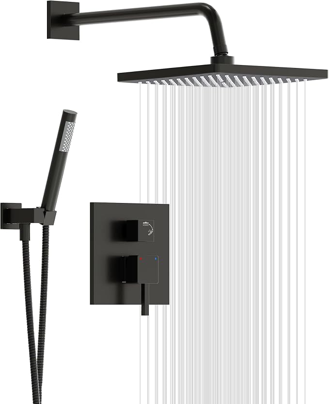 Esnbia Shower Faucet Set, Black Shower System with 10 Inches Rain Head and Handheld Spray, 2 Way Valve Kit, Matte Black