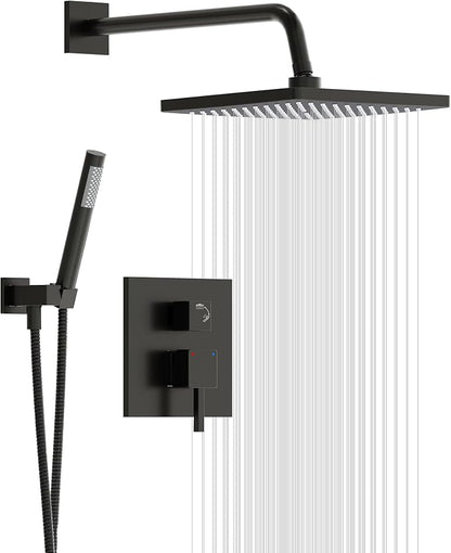 Esnbia Shower Faucet Set, Black Shower System with 10 Inches Rain Head and Handheld Spray, 2 Way Valve Kit, Matte Black