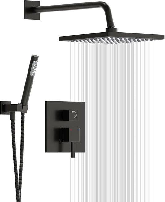 Esnbia Shower Faucet Set, Black Shower System with 10 Inches Rain Head and Handheld Spray, 2 Way Valve Kit, Matte Black