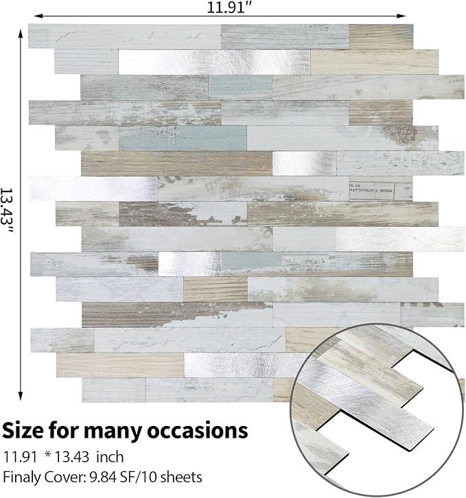 Yipscazo 20 Sheets Peel and Stick Wood Metal Tile Backsplash, Stick on Tiles for Backsplash Kitchen, Bathroom, Laundry Room, Camper, Fireplace (12'' X 12'', White Wood with Metal)