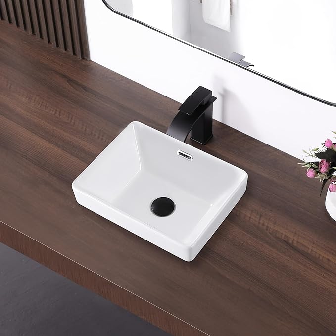 Small Bathroom Vessel Sink 15.5'' x 11.9'' Semi Recessed Bathroom Sink Rectangular Drop-in Vanity Sink with Overflow White Ceramic Modern Art Basin