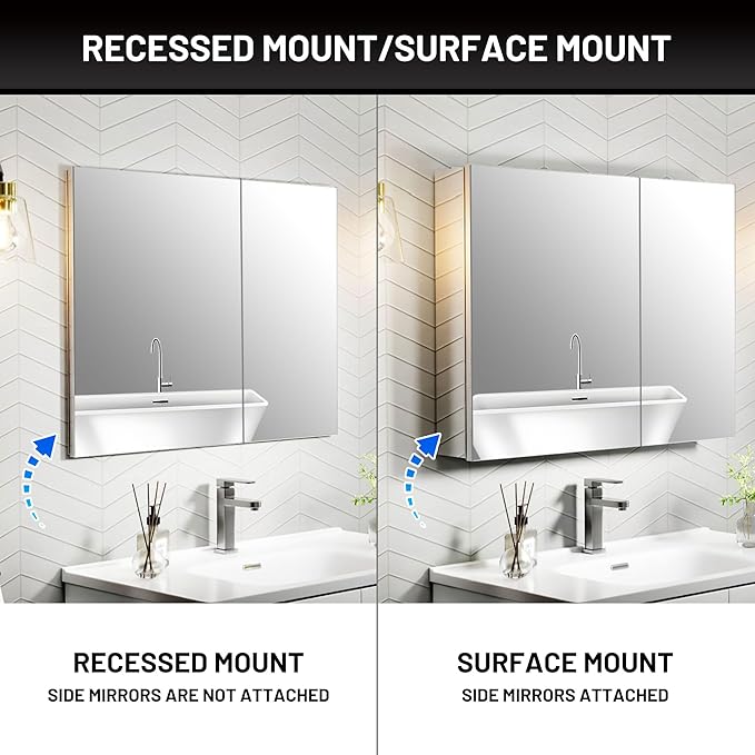 30 x 24 Medicine Cabinet Mirror for Bathroom,Aluminum Alloy Frame,Recessed/Surface Mounted,Mirrored Side Panel,Adjustable Shelves,Bathroom Medicine Cabinet with Mirror,Assembly Required