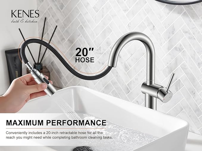KENES Tall Bathroom Faucets with Pull Down Sprayer, Brushed Nickel Vessel Sink Faucet with Pull Out Sprayer, Single Handle Vanity Faucet 1 Hole with Pop Up Drain & Supply Lines, LJ-9065A