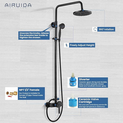 Airuida Exposed Shower System,8 Inch Rainfall Shower Head with Handheld Spray,Single Handle Wall Mount Shower Faucet Set,Solid Brass Dual Function Exposed Pipe Fixture for Bathroom,Oil Rubbed Bronze