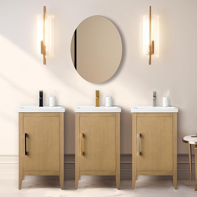 Vanity Art 20 inch Bathroom Vanity with Single Sink & Ceramic Top, Vanity Cabinet with Soft-Closing Doors, Solid Wood Frame, Natural Oak, VA9020-NO-GB1
