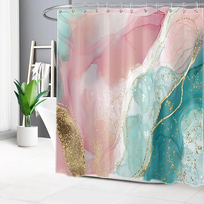 HVEST Pink Marble Shower Curtain for Bathroom,Turquoise Marble Luxury Shower Curtain with Hooks,Modern White and Gold Abstract Bathroom Shower Curtain Set Bathroom Decor,72L X 72W inches