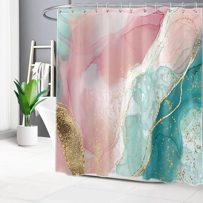 HVEST Pink Marble Shower Curtain for Bathroom,Turquoise Marble Luxury Shower Curtain with Hooks,Modern White and Gold Abstract Bathroom Shower Curtain Set Bathroom Decor,72L X 72W inches