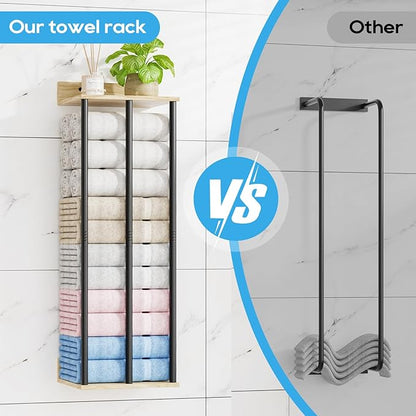 Towel Racks for Bathroom Wall Mounted, 3 Bar Wall Towel Rack for Rolled Towels, Metal Towel Holder with Wooden Shelf, Sturdy and Large Capacity, Towel Storage Organizer